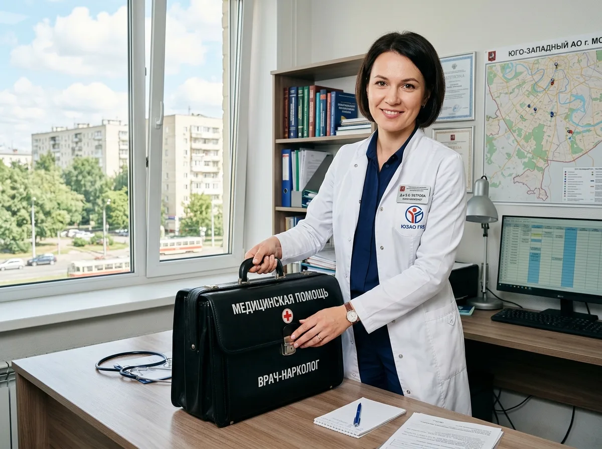 Врач-нарколог с медицинским чемоданчиком готовится к выезду на дом в ЮЗАО Москвы, профессиональный медицинский халат, уверенный вид, светлый кабинет